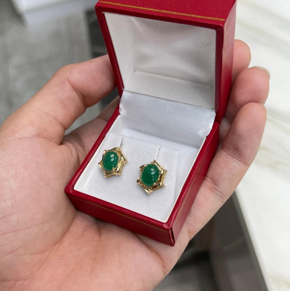 6.80tcw 14K Emerald Cabochon Victorian Hand Made Vintage Earrings In New Condition For Sale In Jupiter, FL