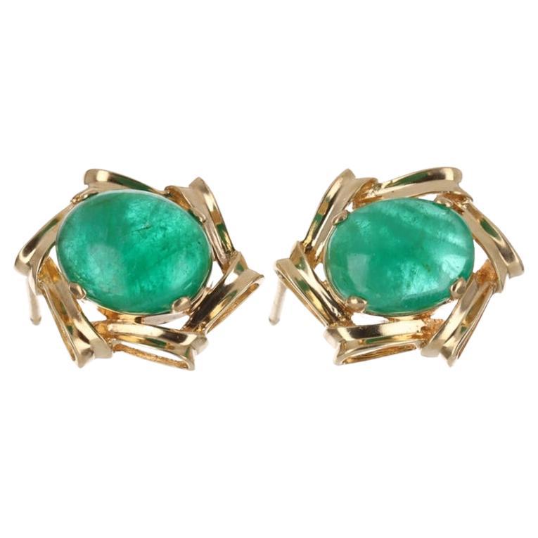 6.80tcw 14K Emerald Cabochon Victorian Hand Made Vintage Earrings For Sale