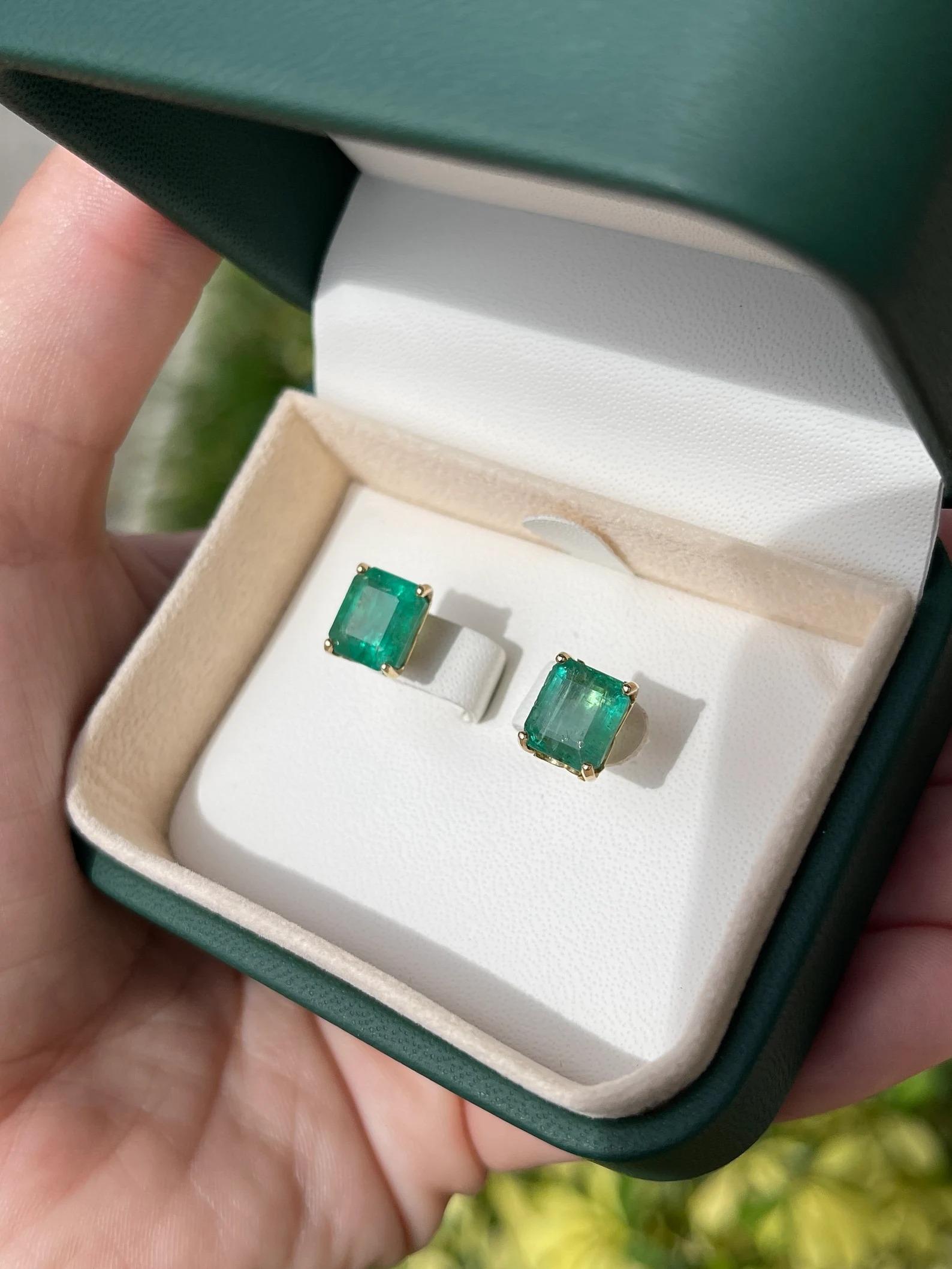 Emerald Cut 6.0tcw Full Ear Coverage Natural Green Emerald Stud Earrings Yellow Gold 14K For Sale