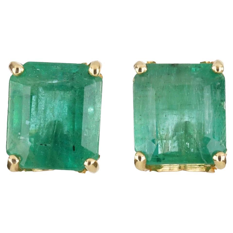 6.0tcw Full Ear Coverage Natural Green Emerald Stud Earrings Yellow Gold 14K For Sale