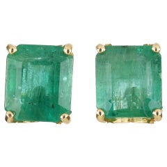 6.0tcw Full Ear Coverage Natural Green Emerald Stud Earrings Yellow Gold 14K
