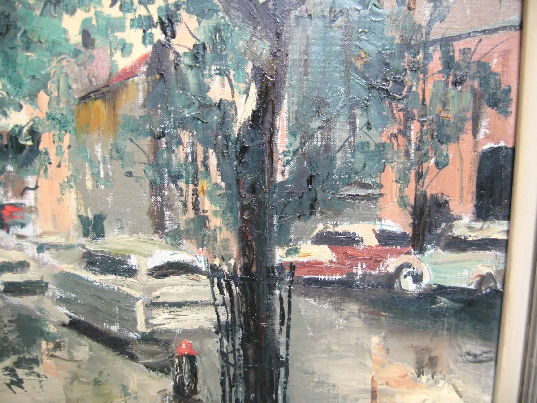 Mid-Century Modern 60th St Park Ave and Lexington Ave Oil on Canvas Midcentury New York City For Sale