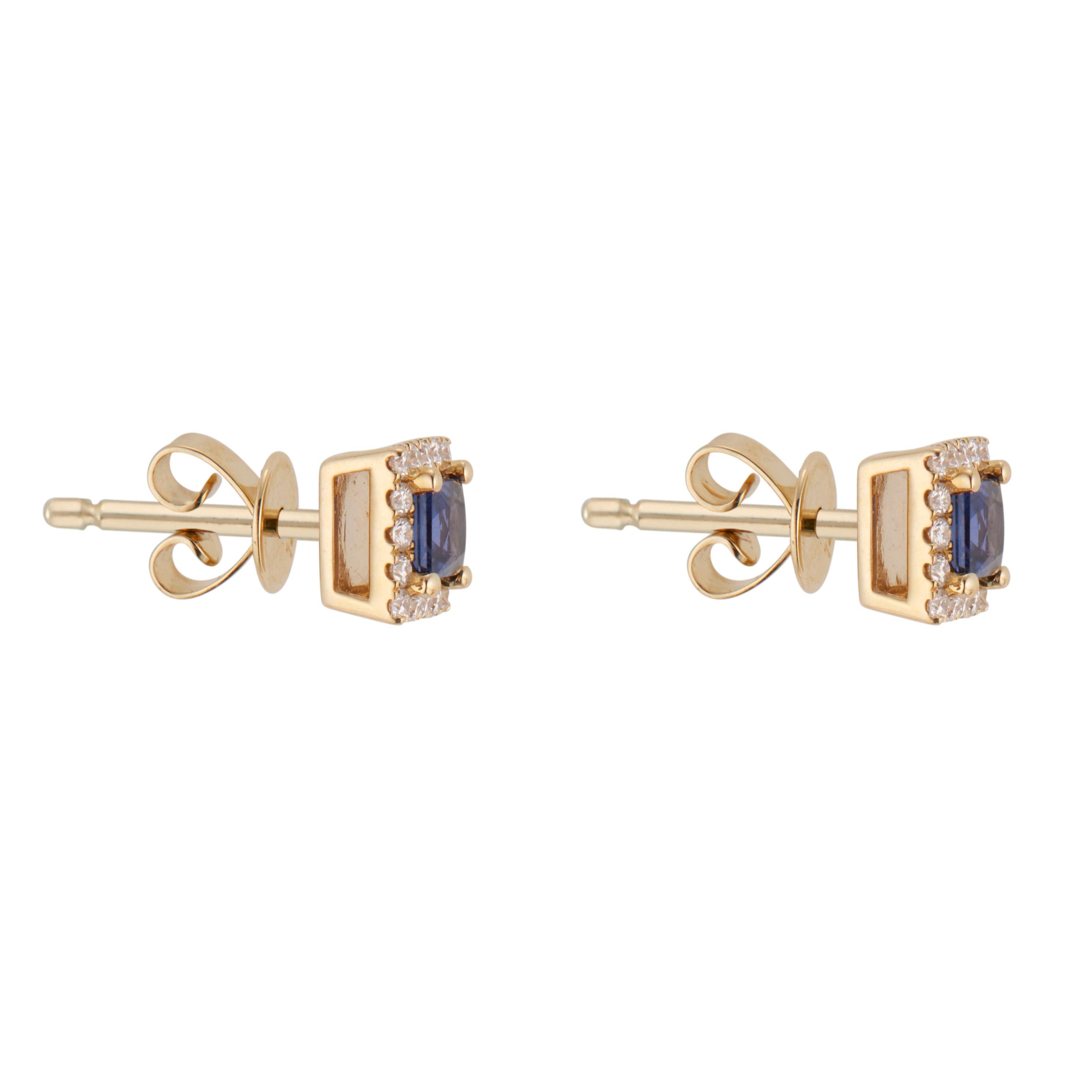 Square Cut .61 Carat Blue Square Sapphire Diamond Halo Yellow Gold Stud Earrings For Sale