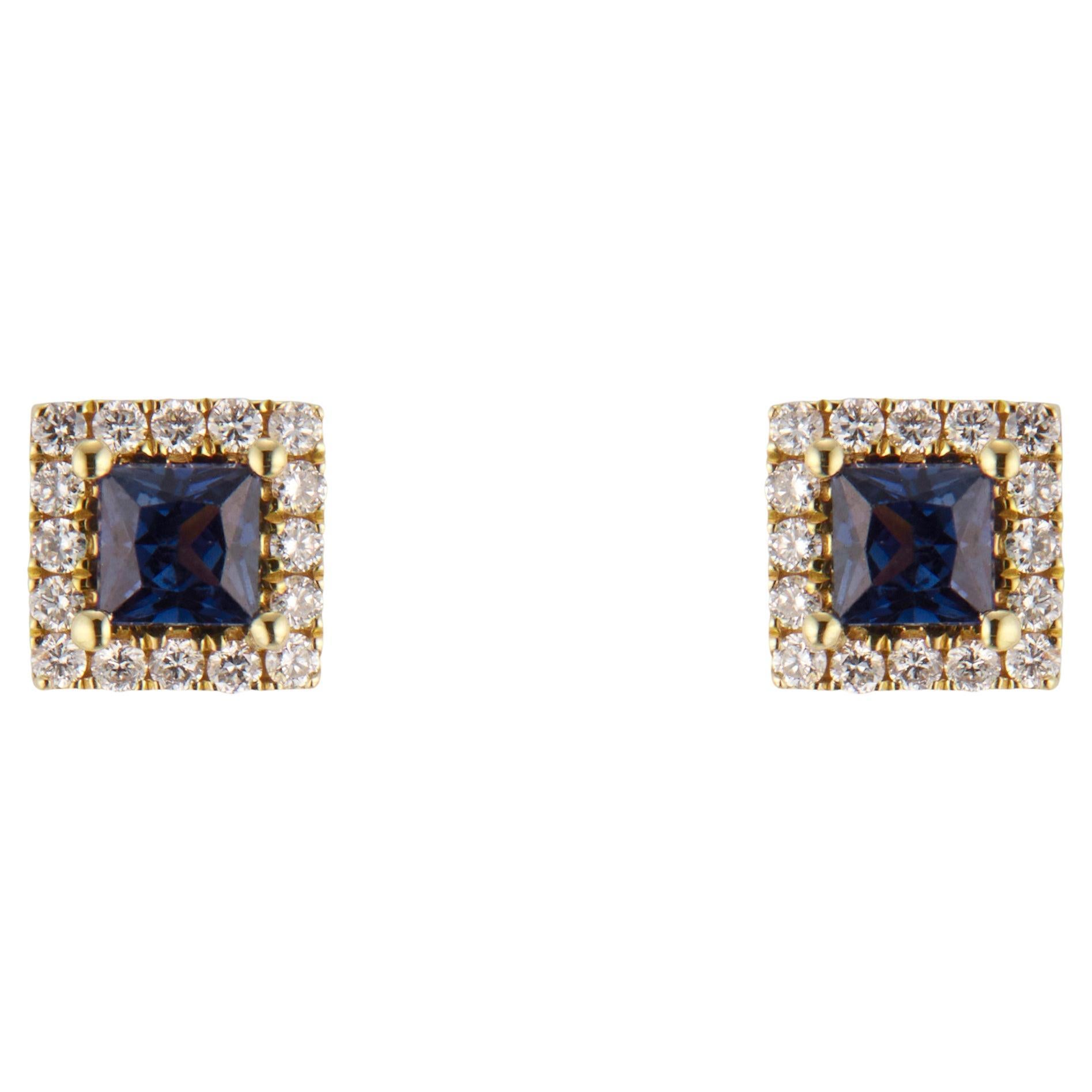 .61 Carat Blue Square Sapphire Diamond Halo Yellow Gold Stud Earrings For Sale
