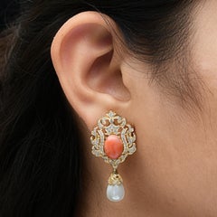 6.1 Carat Coral 11.84 Ct Pearl 1.47 Carat SI/H Diamond 18k Yellow Gold Earrings