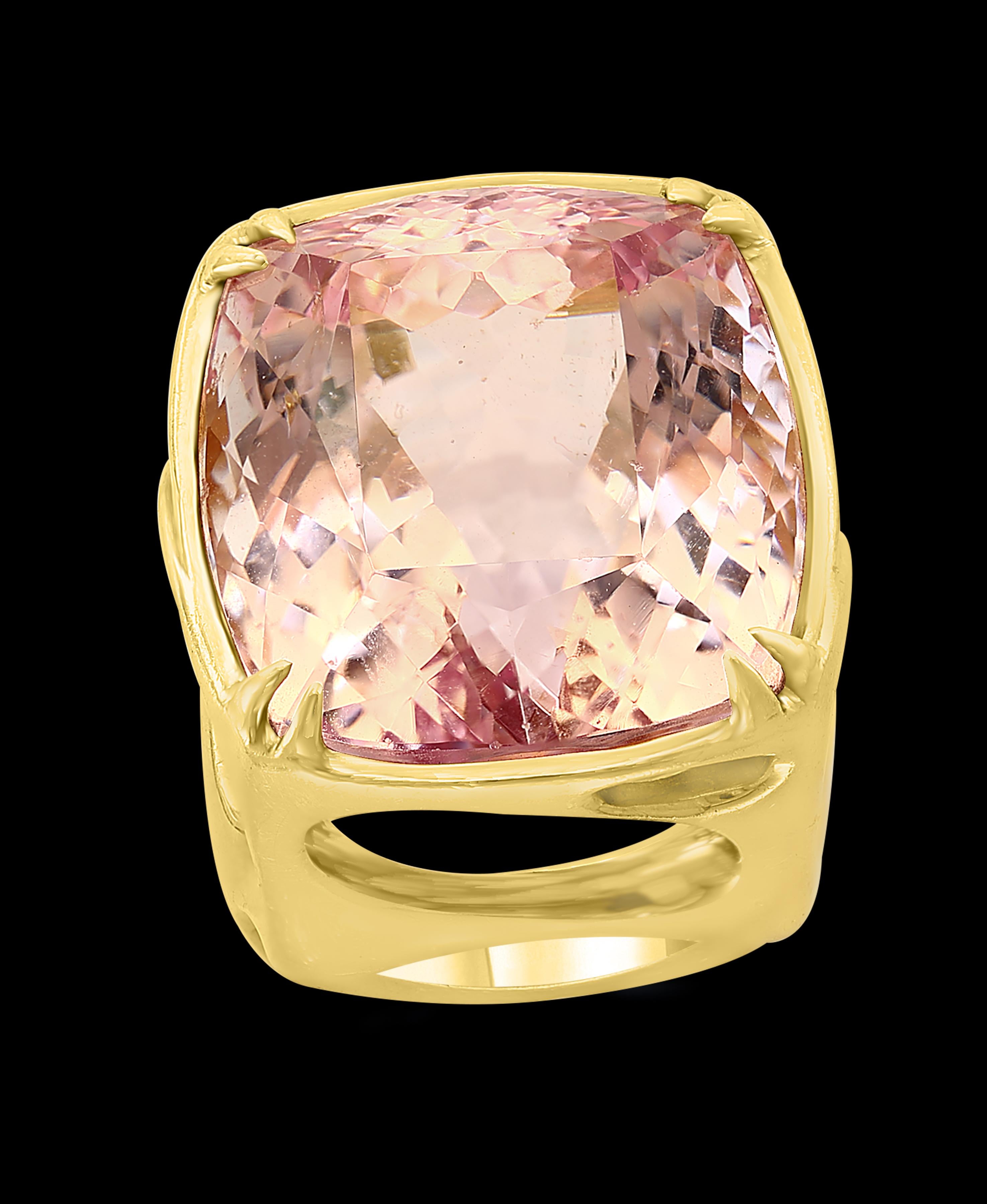 61 Carat Cushion Shape Morganite Cocktail Ring 14 Karat Yellow Gold Estate In Excellent Condition For Sale In New York, NY