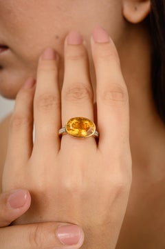 6.1 CTW Big Oval Citrine Gemstone Cocktail Ring with Diamonds in 18k Yellow Gold