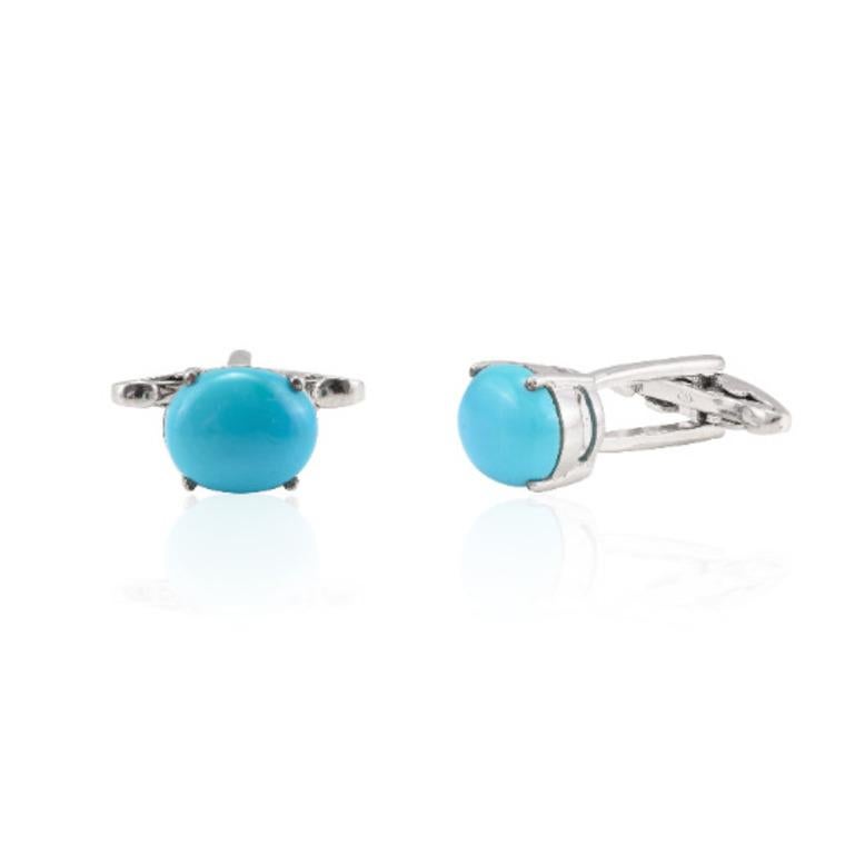 Modern Blue Turquoise Gemstone Solitaire 925 Sterling Silver Cufflinks For Sale