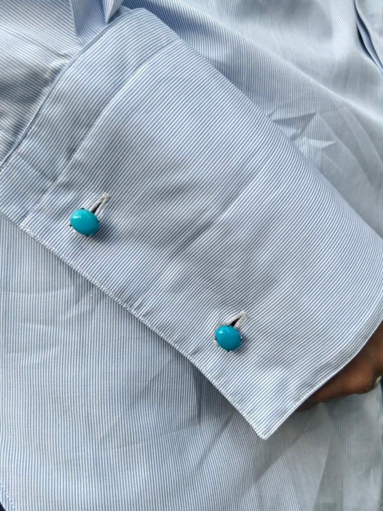 Blue Turquoise Gemstone Solitaire 925 Sterling Silver Cufflinks In New Condition For Sale In Houston, TX
