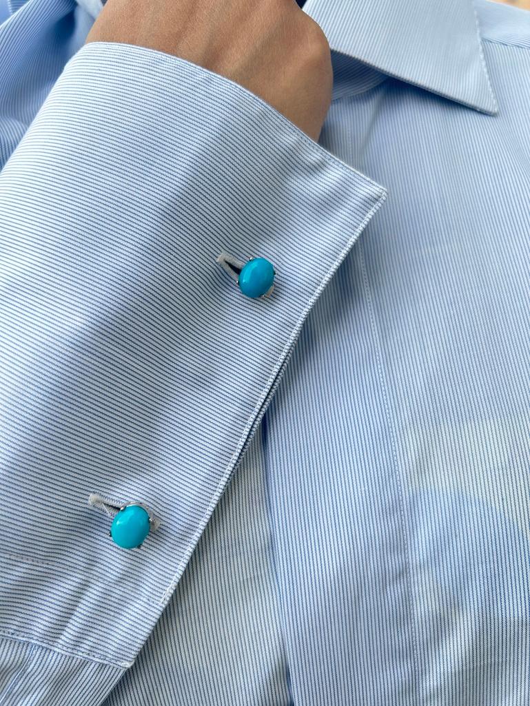 Women's or Men's Blue Turquoise Gemstone Solitaire 925 Sterling Silver Cufflinks For Sale