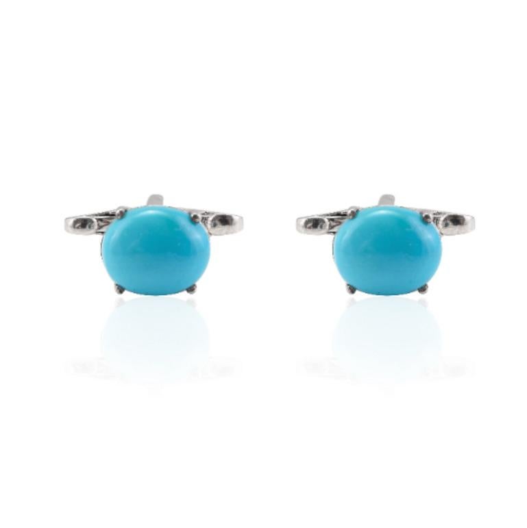 Blue Turquoise Gemstone Solitaire 925 Sterling Silver Cufflinks For Sale 2