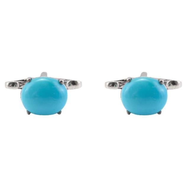 Blue Turquoise Gemstone Solitaire 925 Sterling Silver Cufflinks For Sale