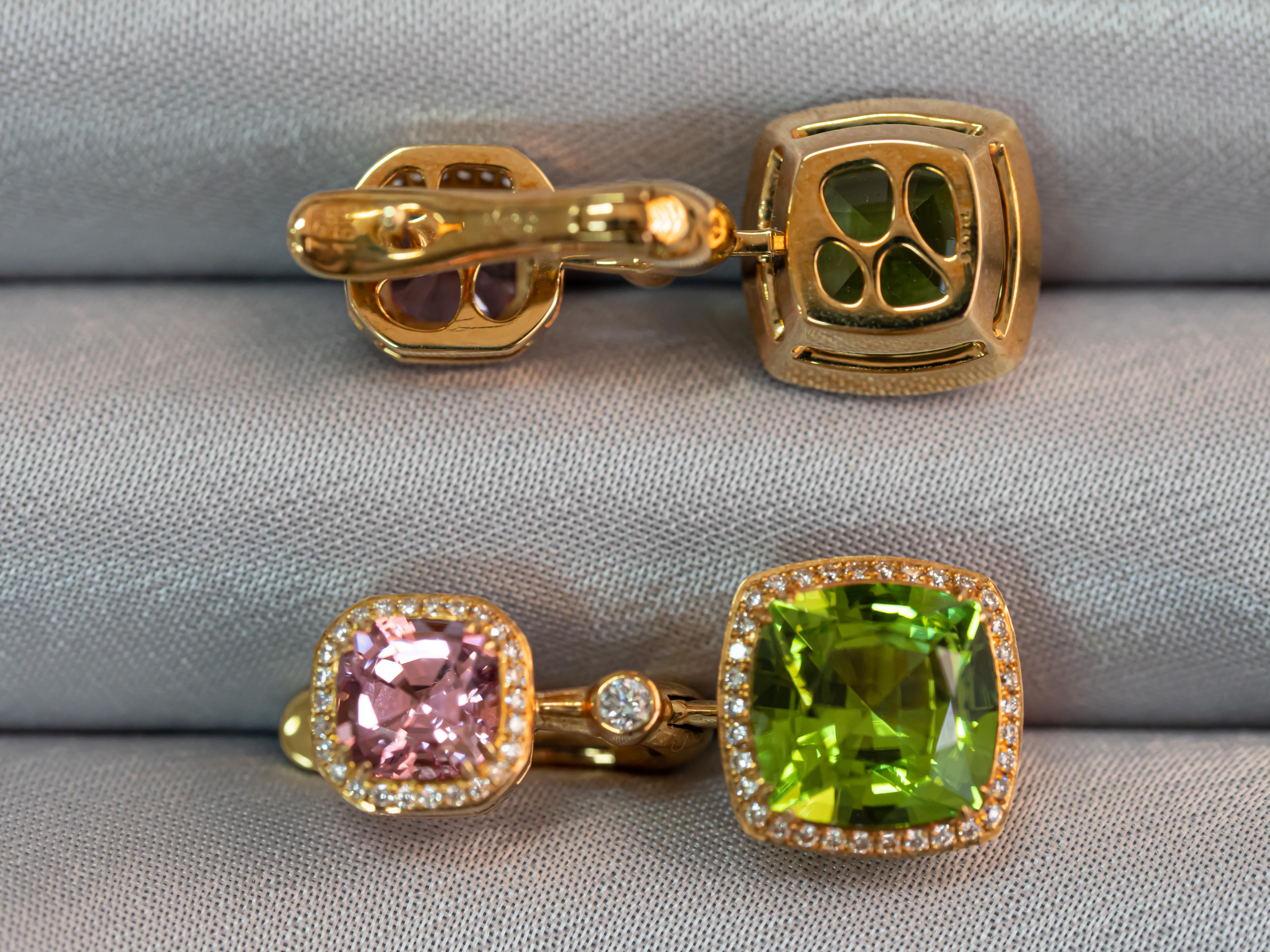 •	18K Yellow Gold. 
•	Green Peridots in square cushion cut –2 pc,  total carat weight – 8.25.
•	Pink Spinels in square cushion cut – 2 pc,  total carat weight – 2.13.
•	Diamonds in round cut – 100 pc, total carat weight – 0.37.
•	Product Weight -