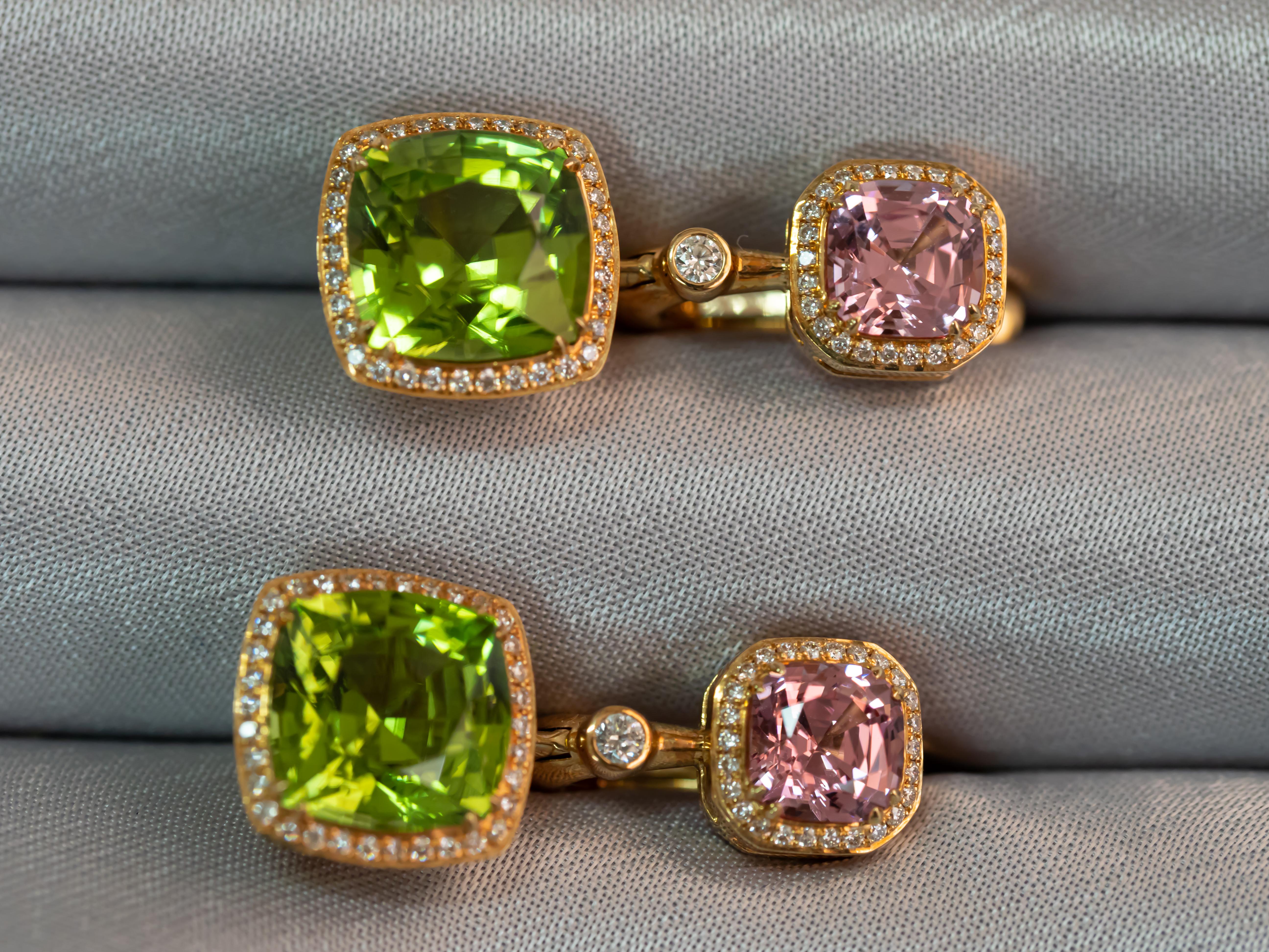 Artisan Green Peridots & Pink Spinels Earrings, 18k Yellow Gold Diamonds Earrings For Sale