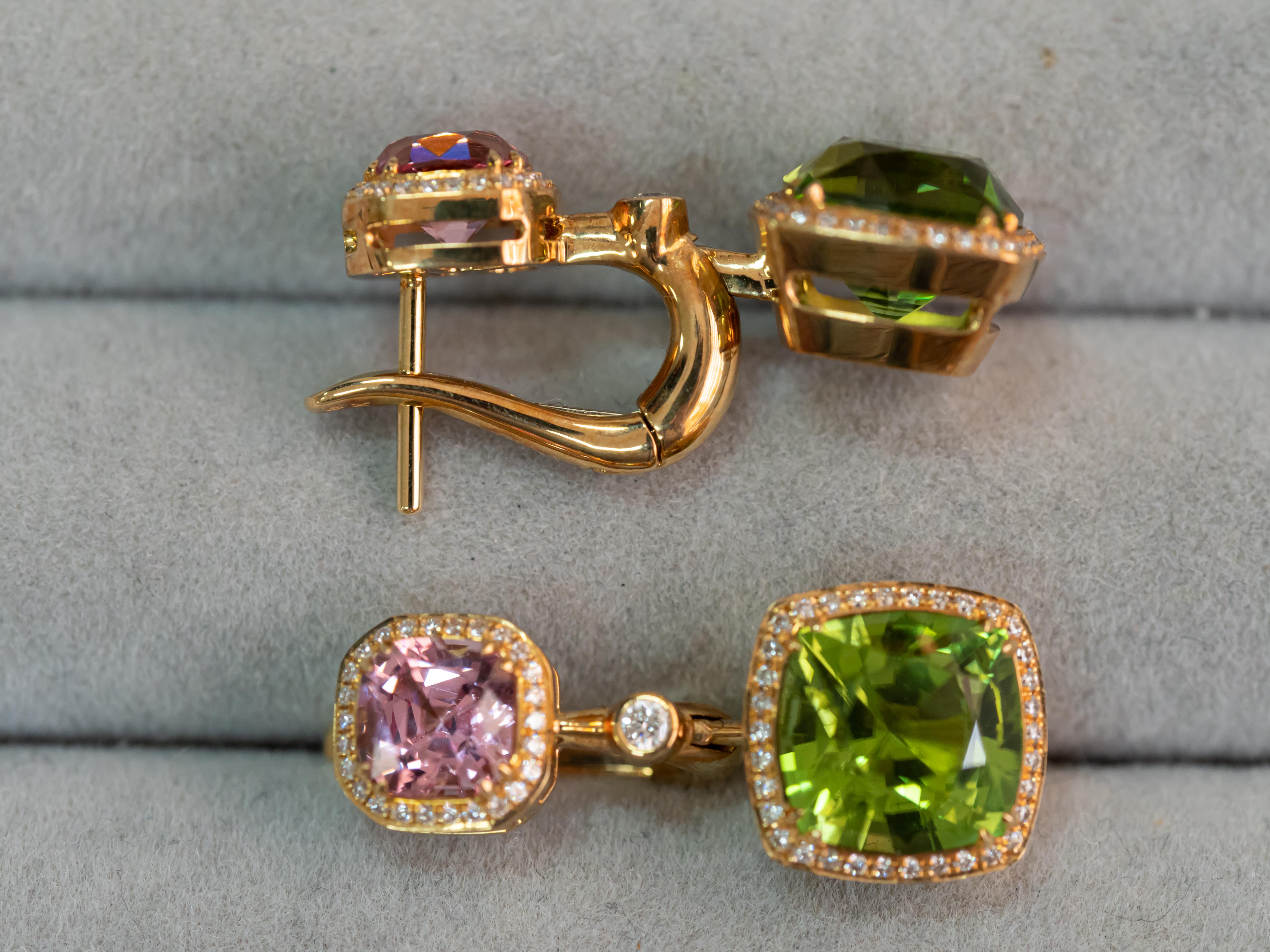 Mixed Cut Green Peridots & Pink Spinels Earrings, 18k Yellow Gold Diamonds Earrings For Sale