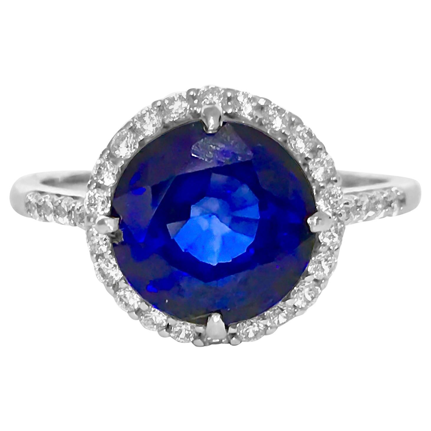 6.10 Carat Blue Sapphire Diamond White Gold Engagement Ring
