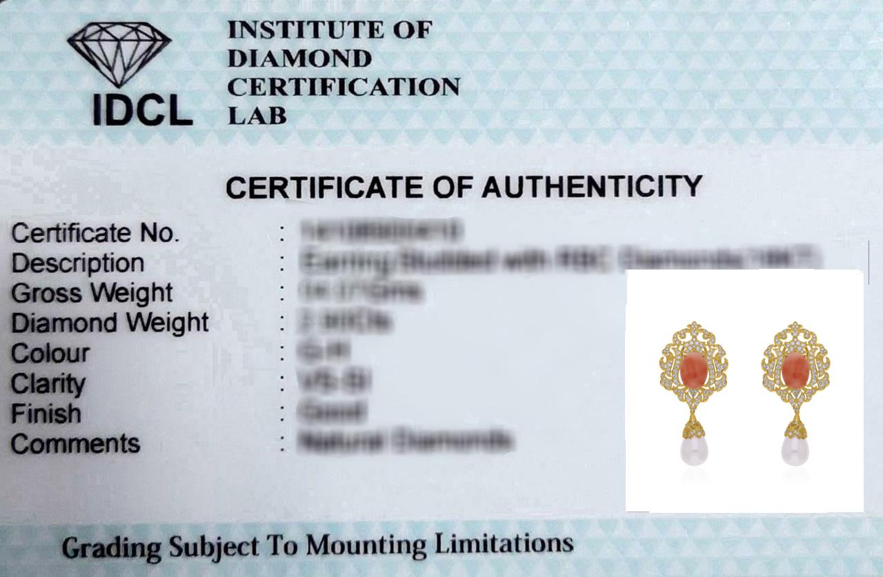 6,10 Karat Koralle 11,84 Karat Perle 1,47 Karat SI/H Diamant 18k Gelbgold Ohrringe im Angebot 1