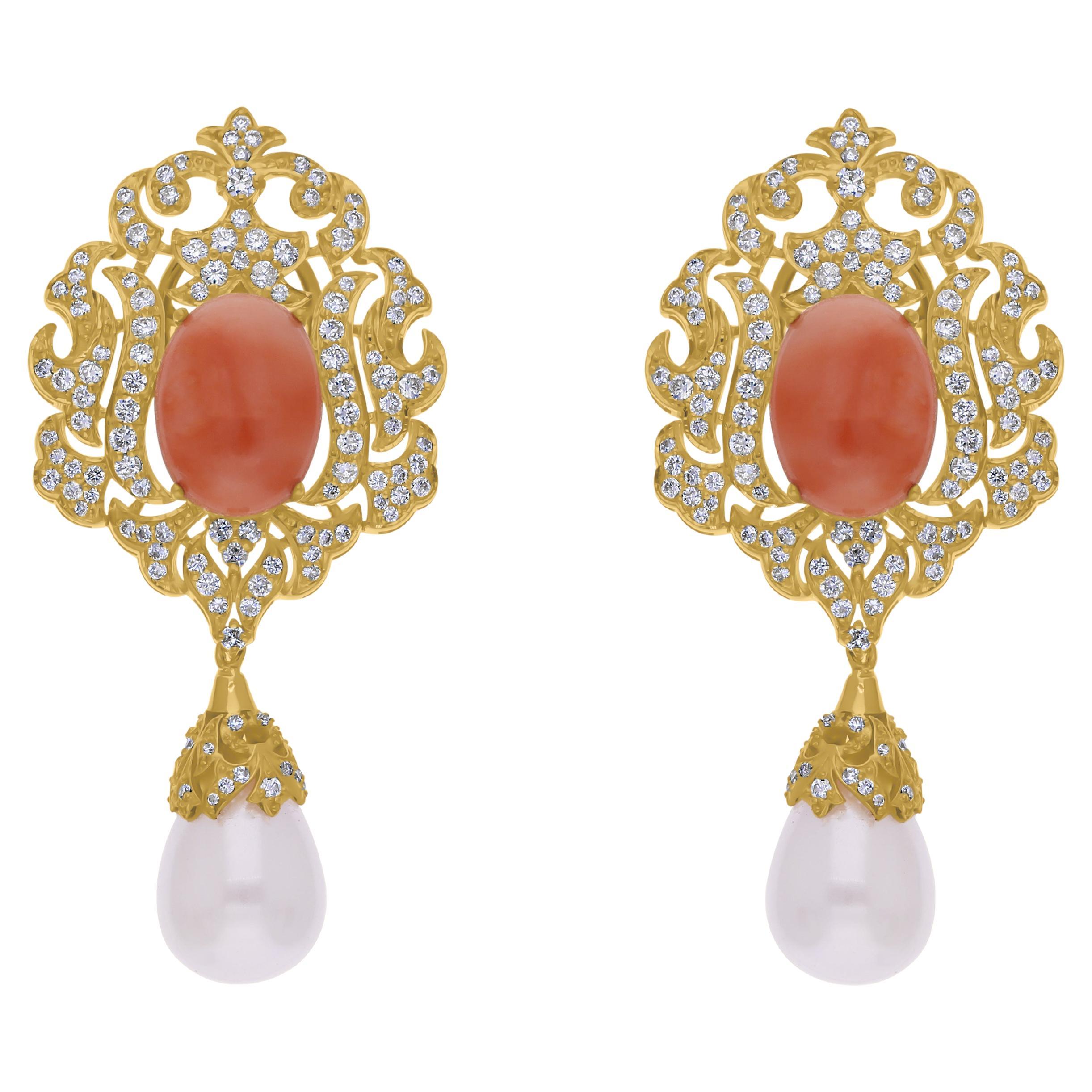 Boucles d'oreilles or jaune 18k corail 6.10 carats 11.84 ct perle 1.47 carat SI/H diamant