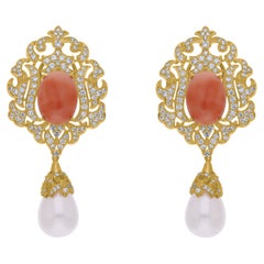 6.10 Carat Coral 11.84 Ct Pearl 1.47 Carat SI/H Diamond 18k Yellow Gold Earrings