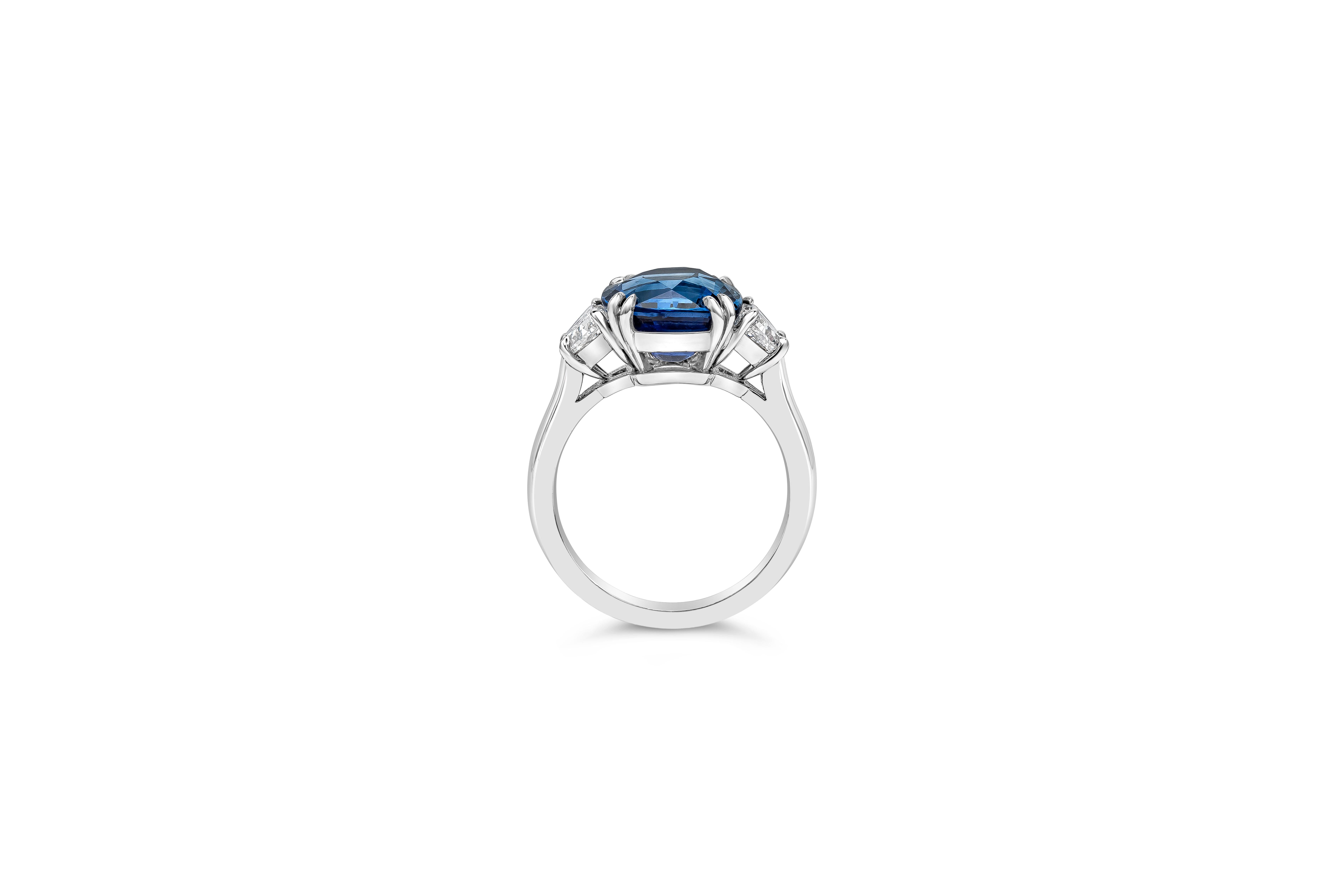 Contemporary 6.10 Carats Cushion Cut Blue Sapphire with Diamond Three Stone Engagement Ring For Sale