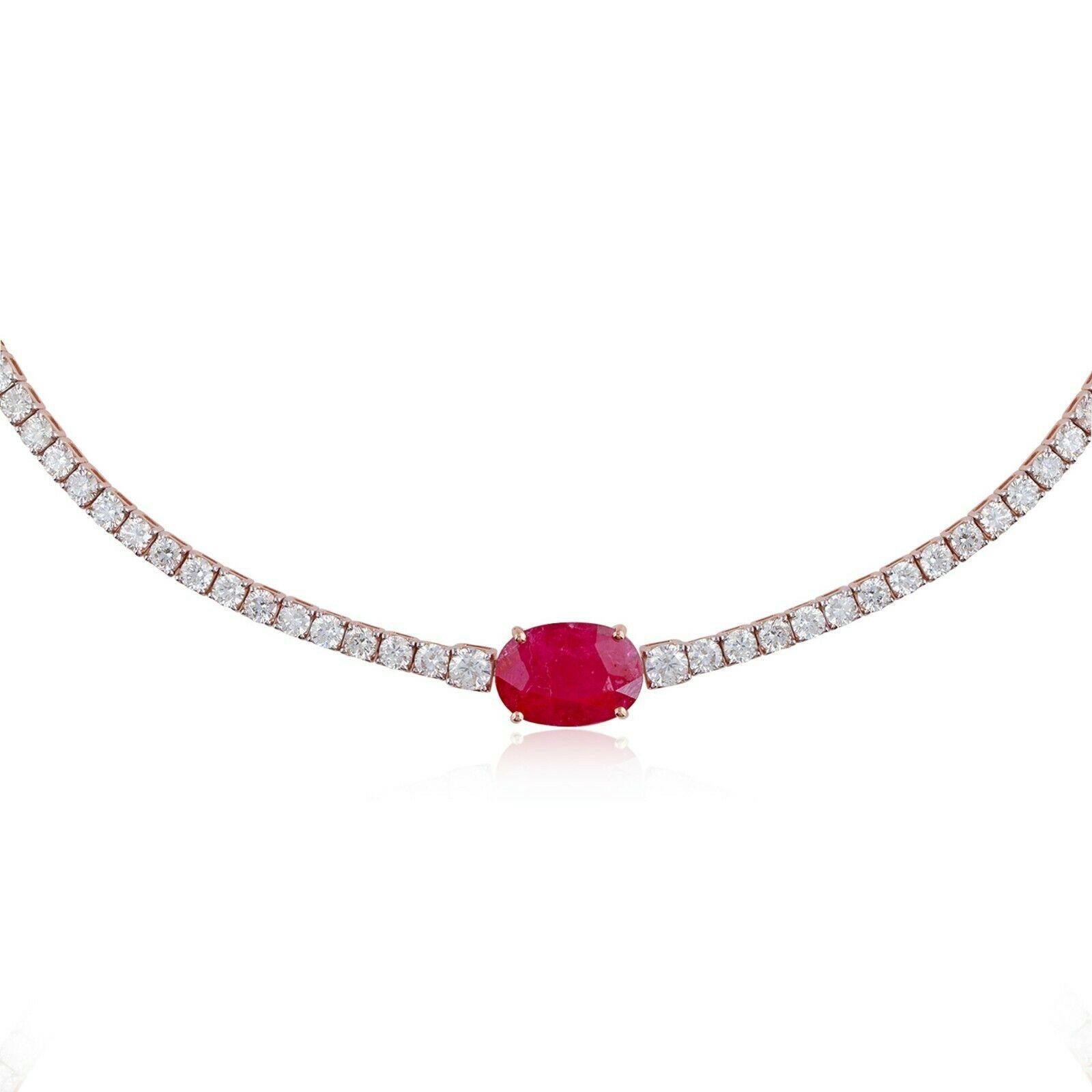 Cast from 14-karat rose gold, this stunning necklace is hand set with 5.62 carats Ruby and 6.10 carats of sparkling diamonds. 

FOLLOW MEGHNA JEWELS storefront to view the latest collection & exclusive pieces. Meghna Jewels is proudly rated as a Top