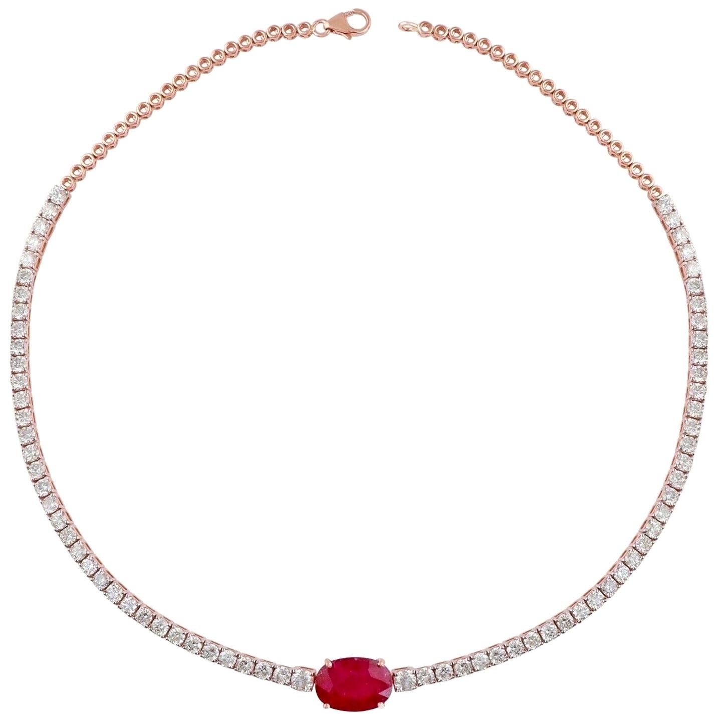 6.10 Carat Diamond 5.62 carat Ruby 14 Karat Rose Gold Tennis Choker Necklace
