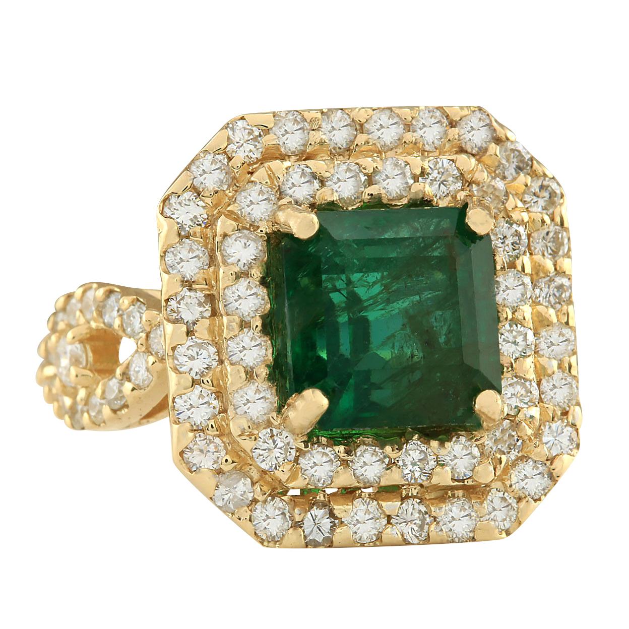 Introducing our stunning 6.10 Carat Emerald 14 Karat Yellow Gold Diamond Ring. Crafted from stamped 14K Yellow Gold, this ring weighs a total of 10.0 grams, ensuring both quality and durability. The centerpiece of this exquisite ring is a