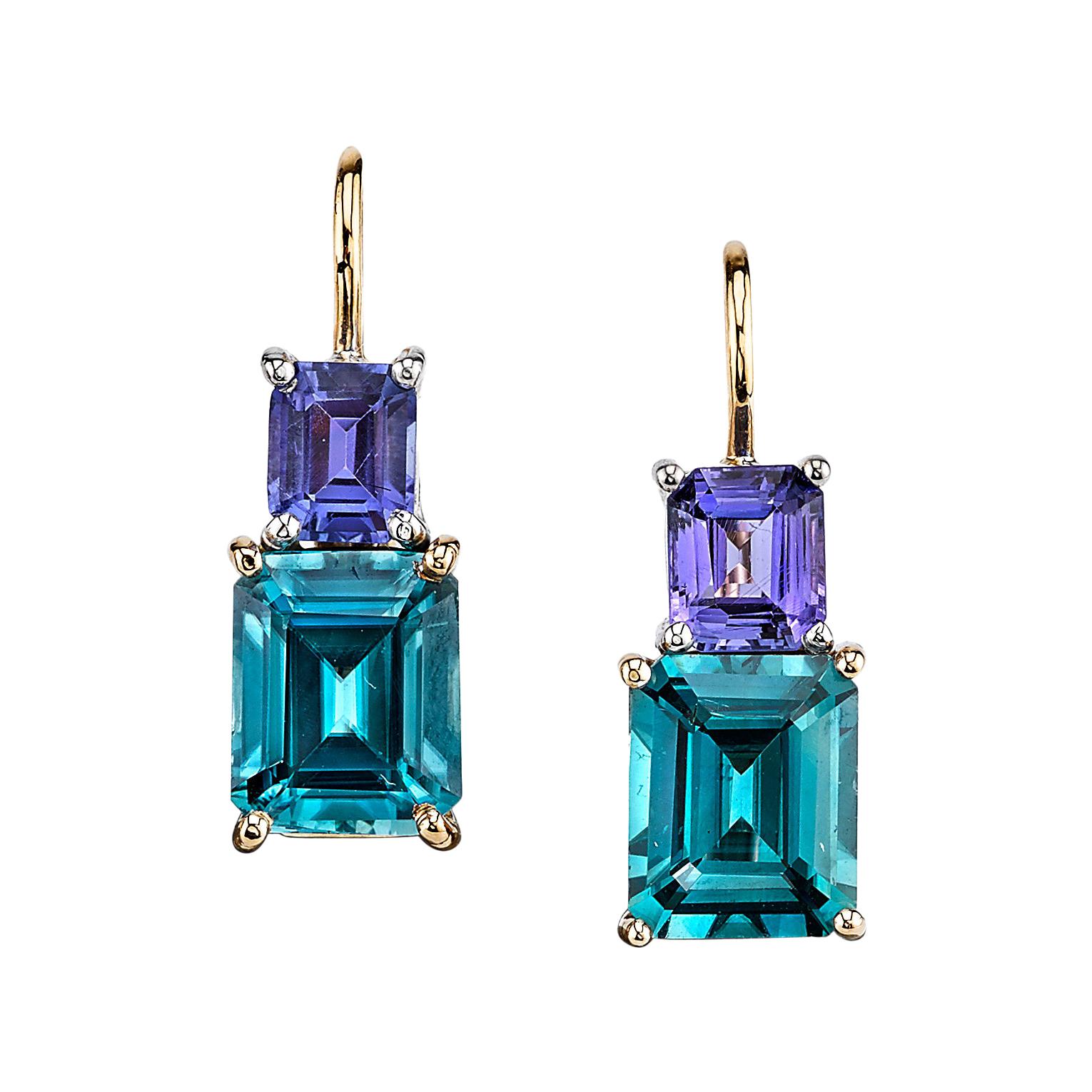 6 ct. t.w. Emerald Cut Blue Zircon, Tanzanite 18k Gold Lever Back Drop Earrings