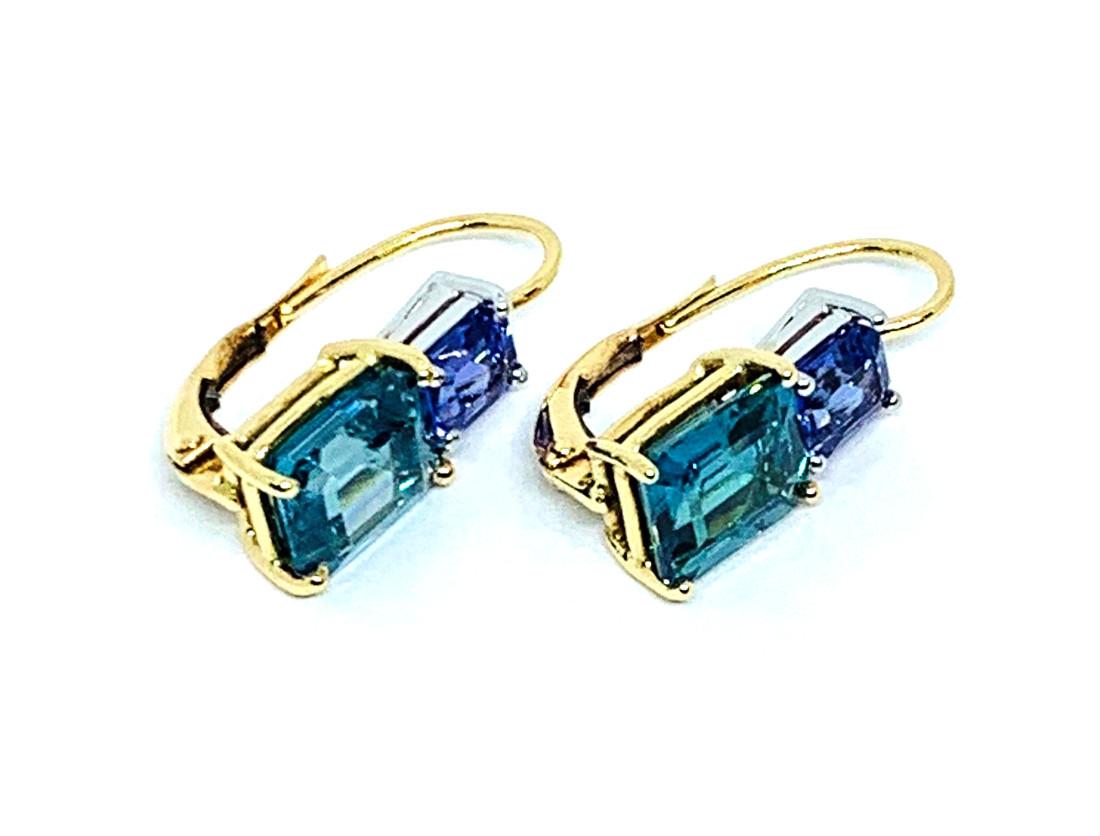 6 ct. t.w. Emerald Cut Blue Zircon, Tanzanite 18k Gold Lever Back Drop Earrings 3
