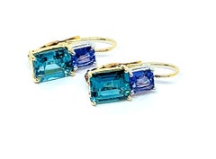 6 ct. t.w. Emerald Cut Blue Zircon, Tanzanite 18k Gold Lever Back Drop Earrings