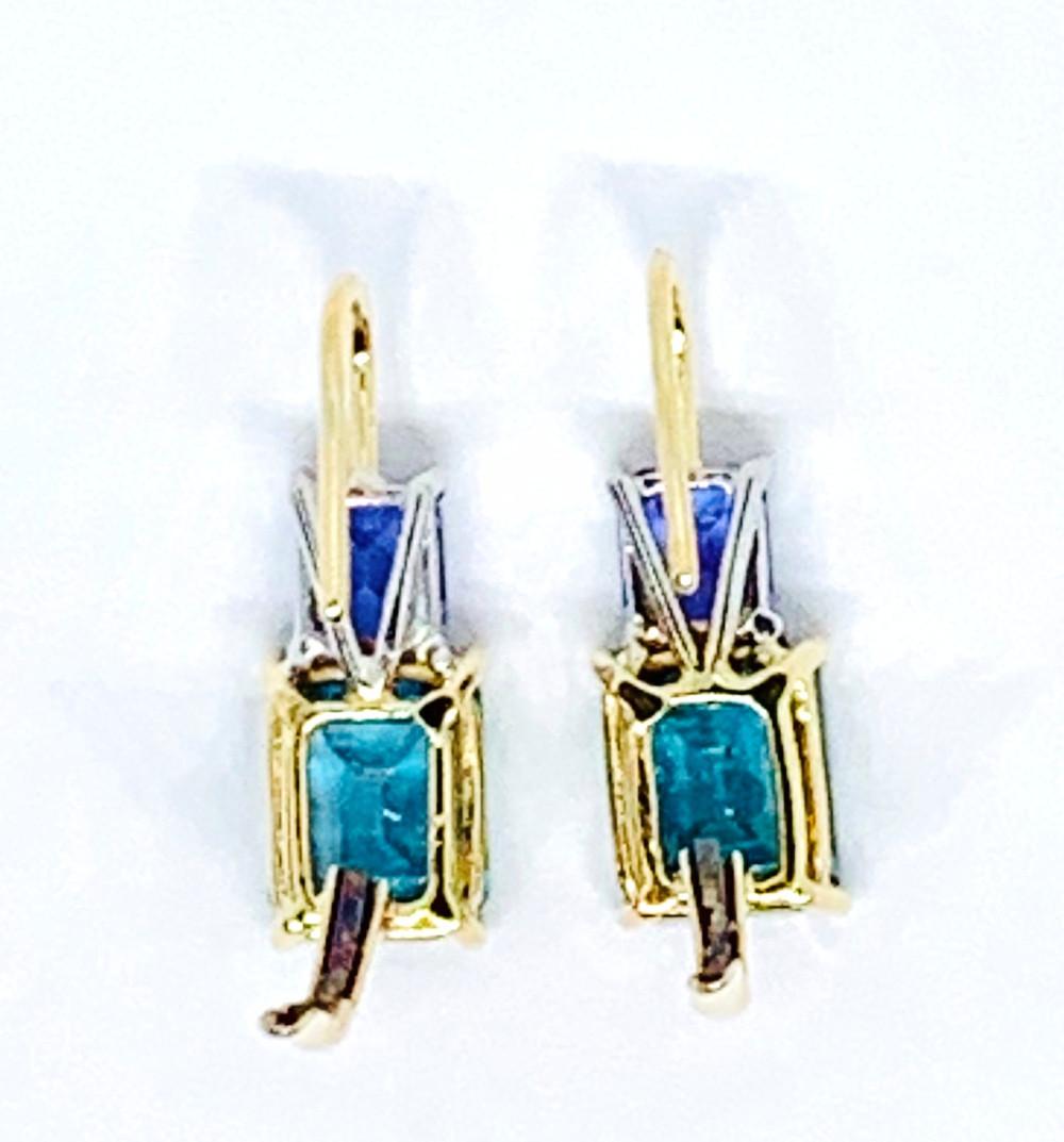 Artisan 6 ct. t.w. Emerald Cut Blue Zircon, Tanzanite 18k Gold Lever Back Drop Earrings