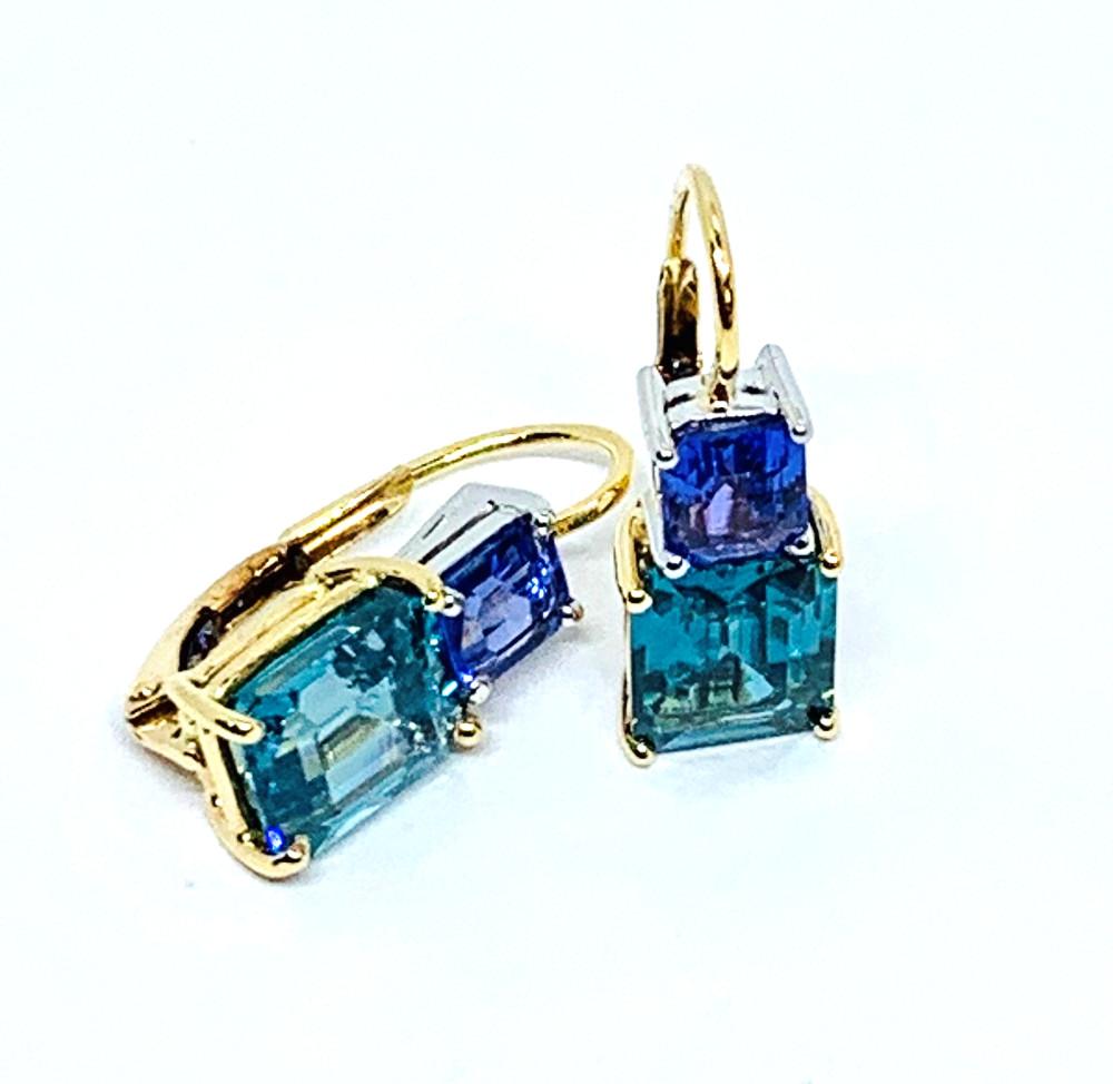 6 ct. t.w. Emerald Cut Blue Zircon, Tanzanite 18k Gold Lever Back Drop Earrings In New Condition In Los Angeles, CA