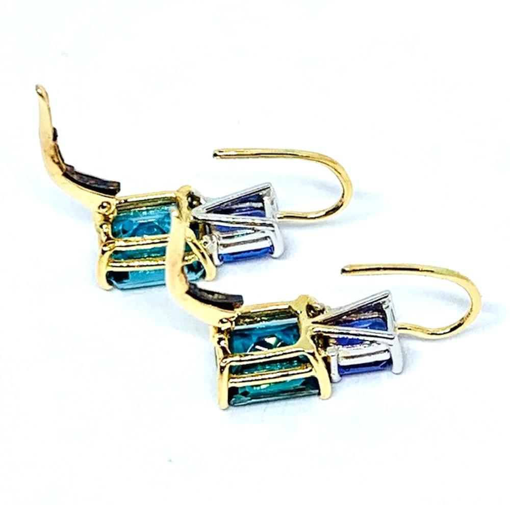 Women's or Men's 6 ct. t.w. Emerald Cut Blue Zircon, Tanzanite 18k Gold Lever Back Drop Earrings