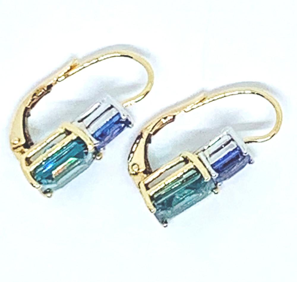 6 ct. t.w. Emerald Cut Blue Zircon, Tanzanite 18k Gold Lever Back Drop Earrings 1