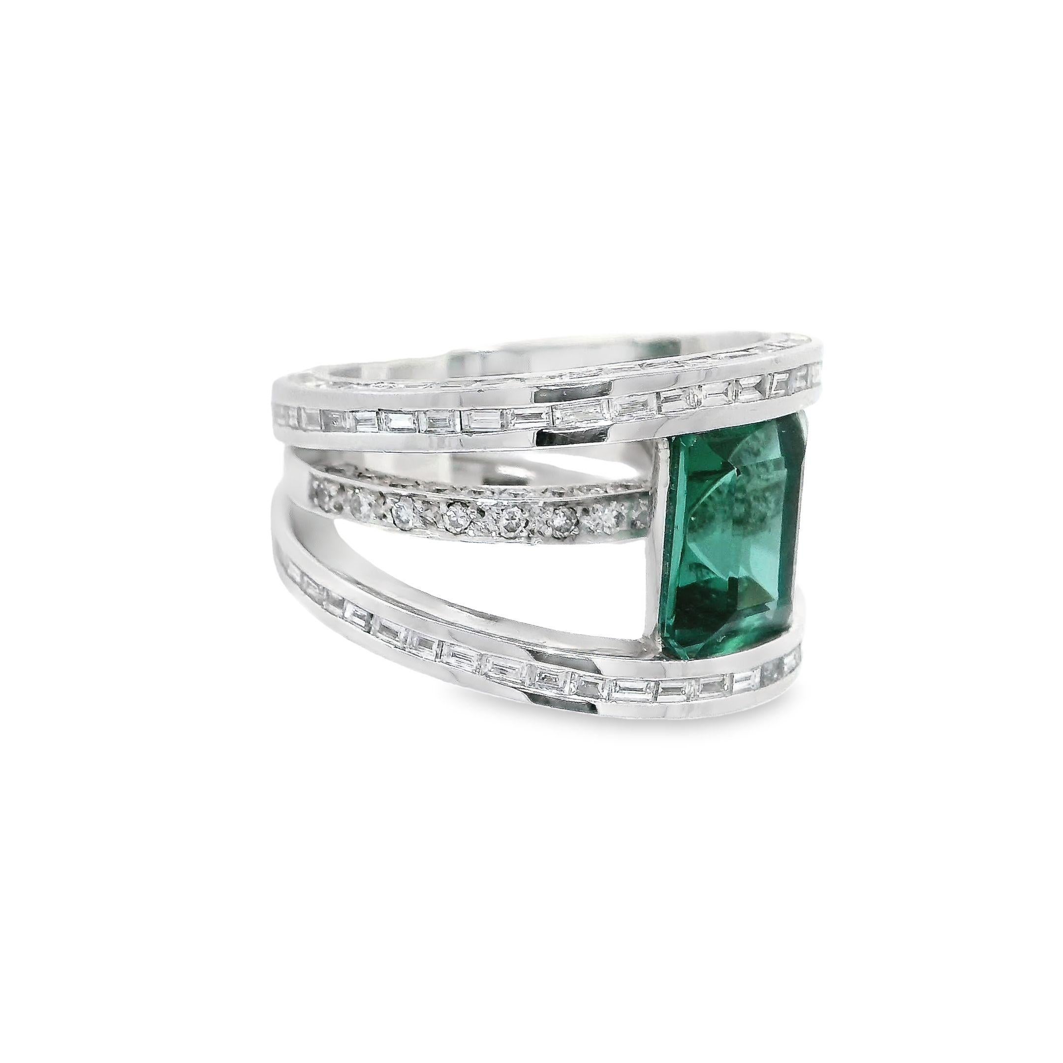 Contemporary 6.10 Carat Emerald-Cut Green Tourmaline Ring Baguette Brilliant Round Diamond For Sale