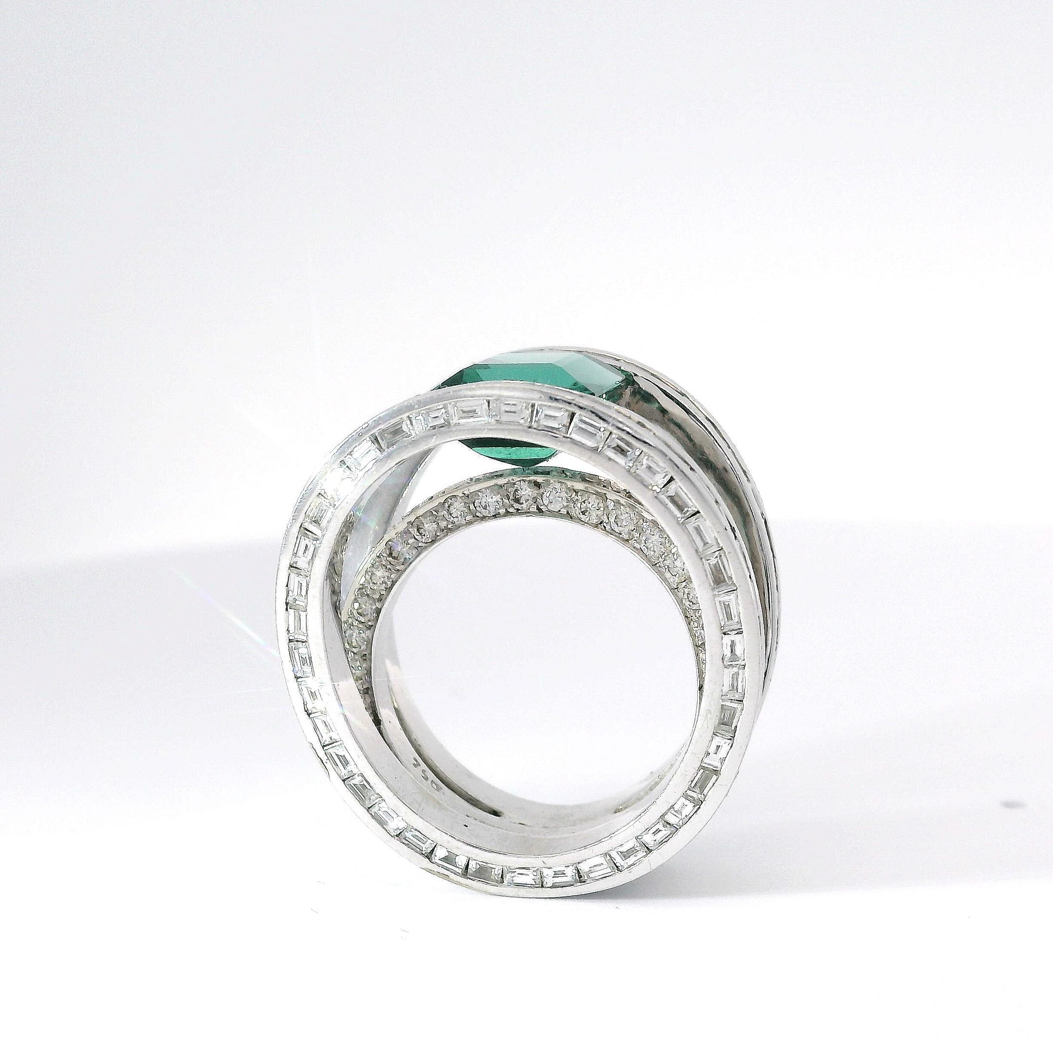 Emerald Cut 6.10 Carat Emerald-Cut Green Tourmaline Ring Baguette Brilliant Round Diamond For Sale