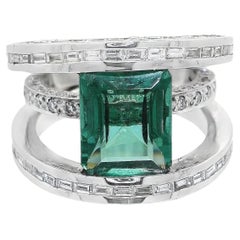 6.10 Carat Emerald-Cut Green Tourmaline Ring Baguette Brilliant Round Diamond