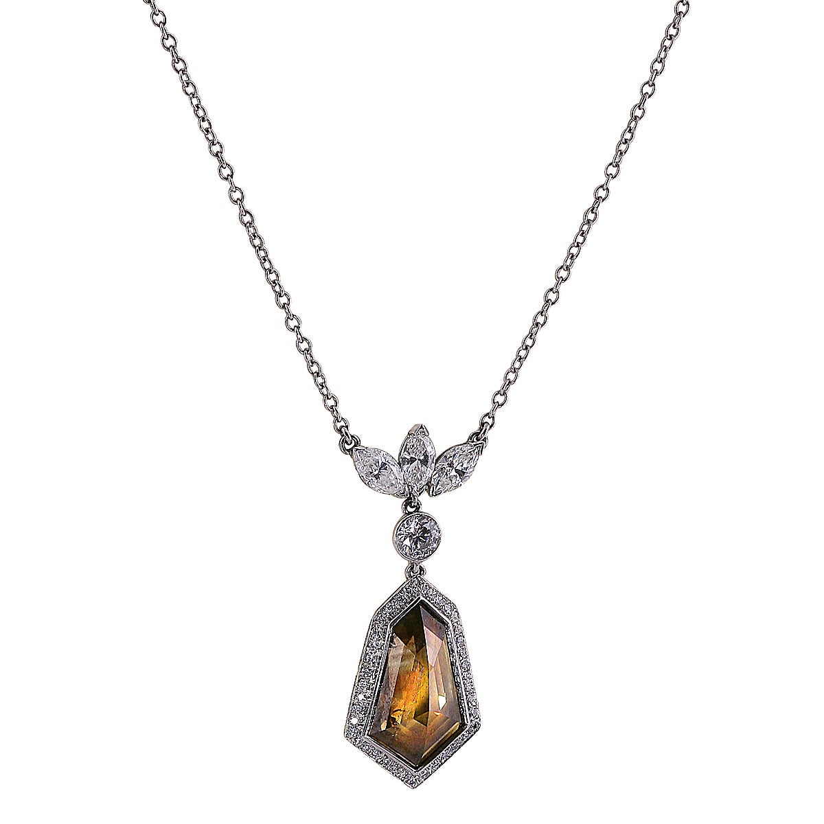Stunning Vivid Diamonds fancy colored diamond necklace crafted in platinum, showcasing a gorgeous GIA certified kite shape diamond weighing 6.10 carats, Fancy to fancy dark brown-greenish yellow, natural color framed in 40 round brilliant cut