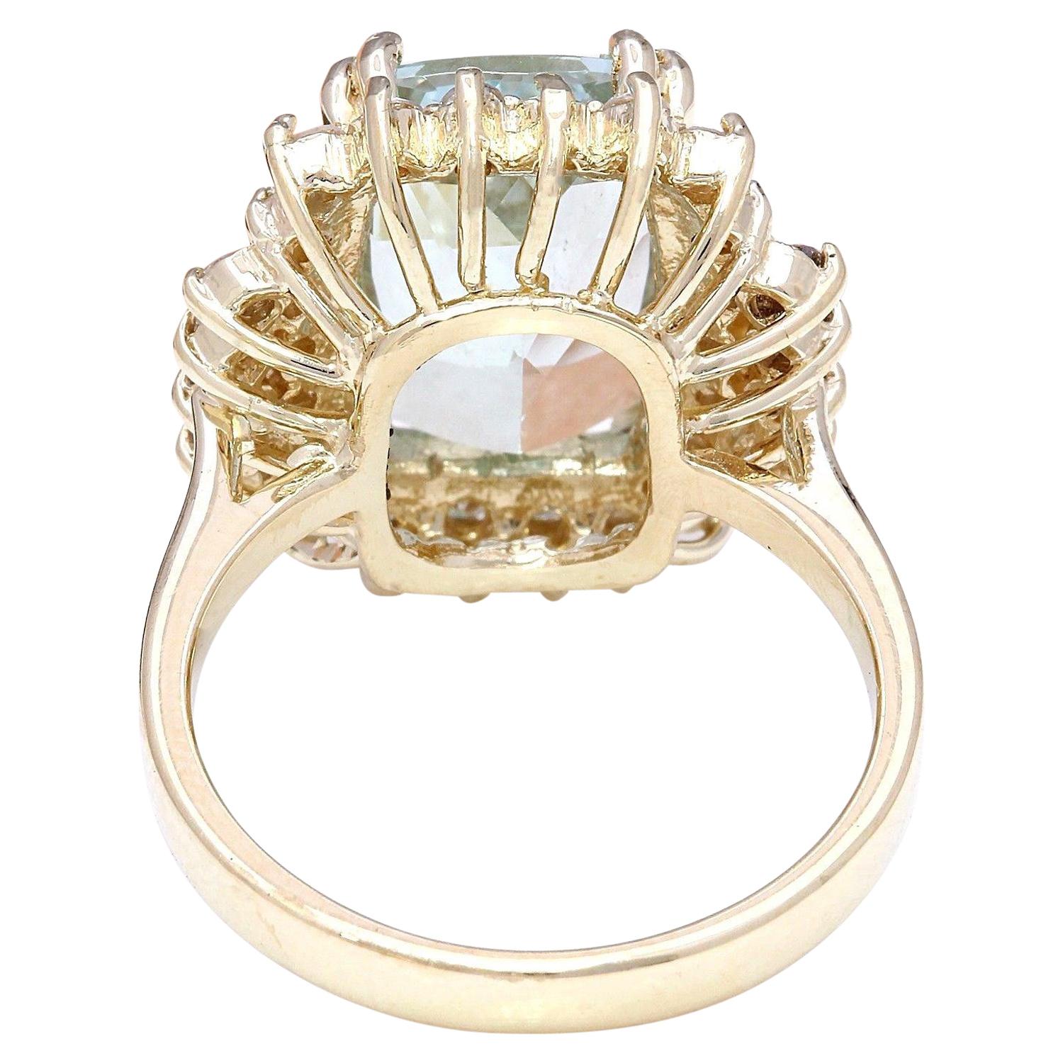 Cushion Cut Aquamarine Diamond Ring 14 Karat Solid Yellow Gold  For Sale