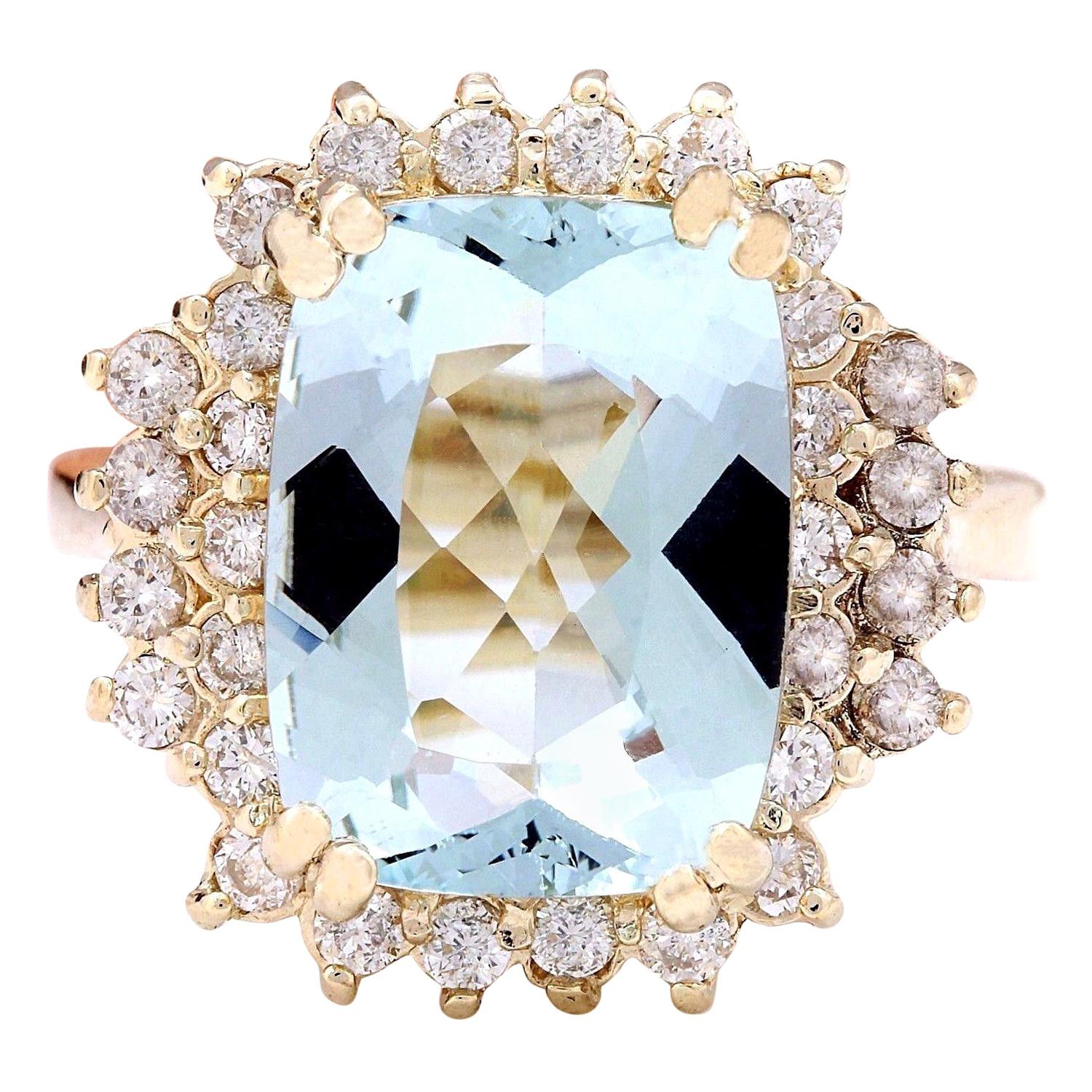 Bague aigue-marine diamantée en or jaune massif 14 carats  en vente