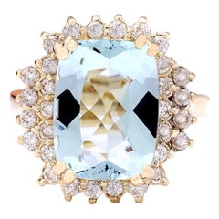 Aquamarine Diamond Ring 14 Karat Solid Yellow Gold 