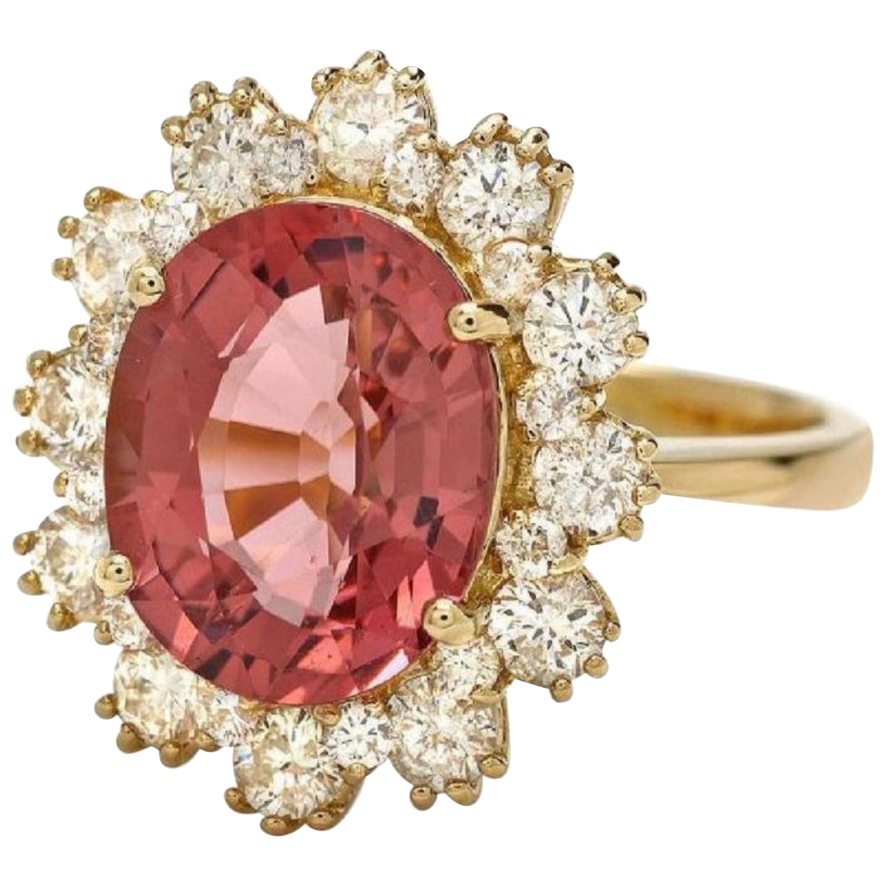 Anillo de oro amarillo macizo de 14 quilates con turmalina natural y diamantes de 6,10 quilates
