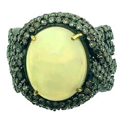 6.10 Carat Opal, Diamond Ring in Oxidized Sterling Silver, 18 Karat Gold