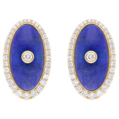 6.10 Carat Oval Lapis Gemstone Earrings 1.33 Ct SI/H Diamond 18k Yellow Gold