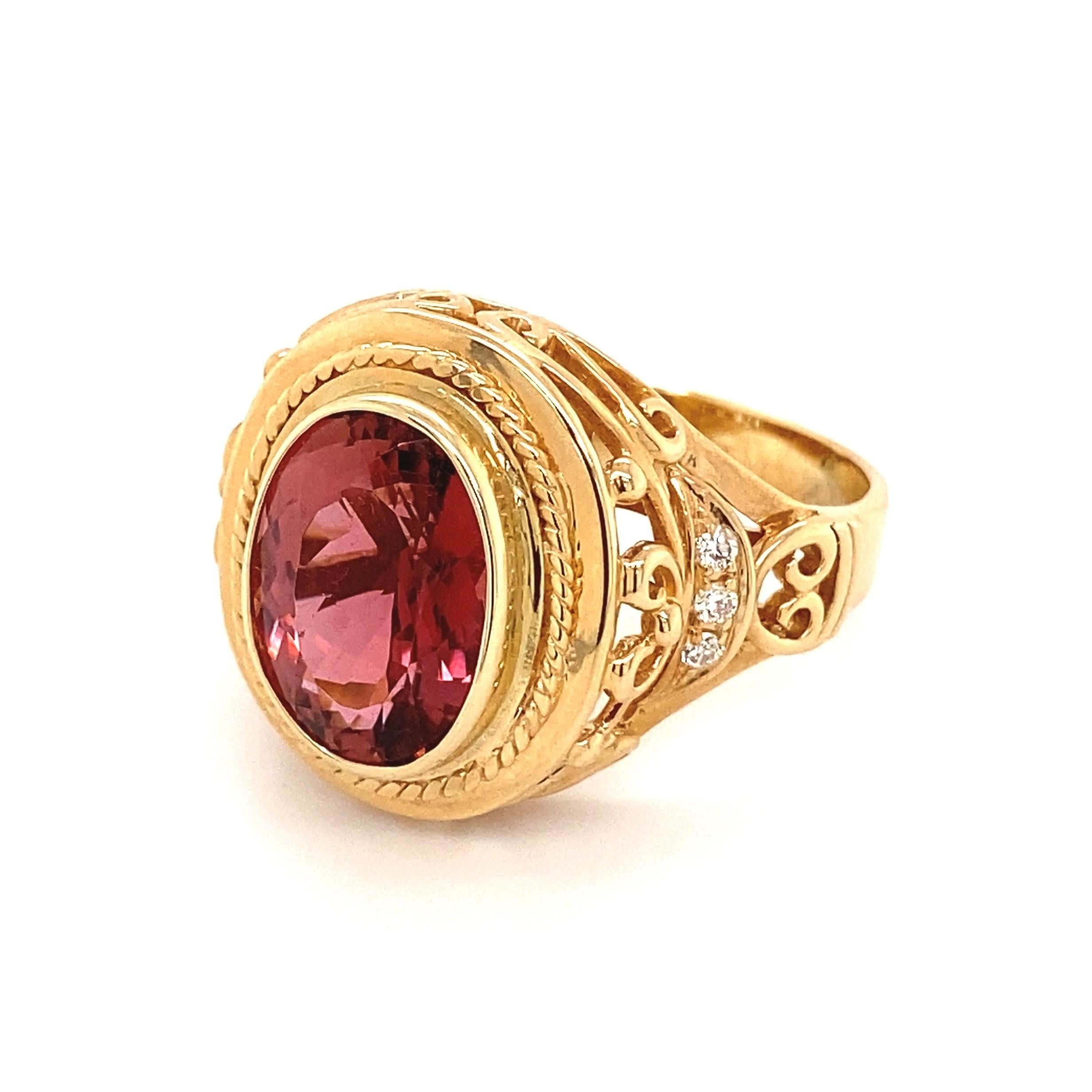 Oval Cut 6.10 Carat Oval Pink Tourmaline and Diamond Gold Cocktail Ring For Sale