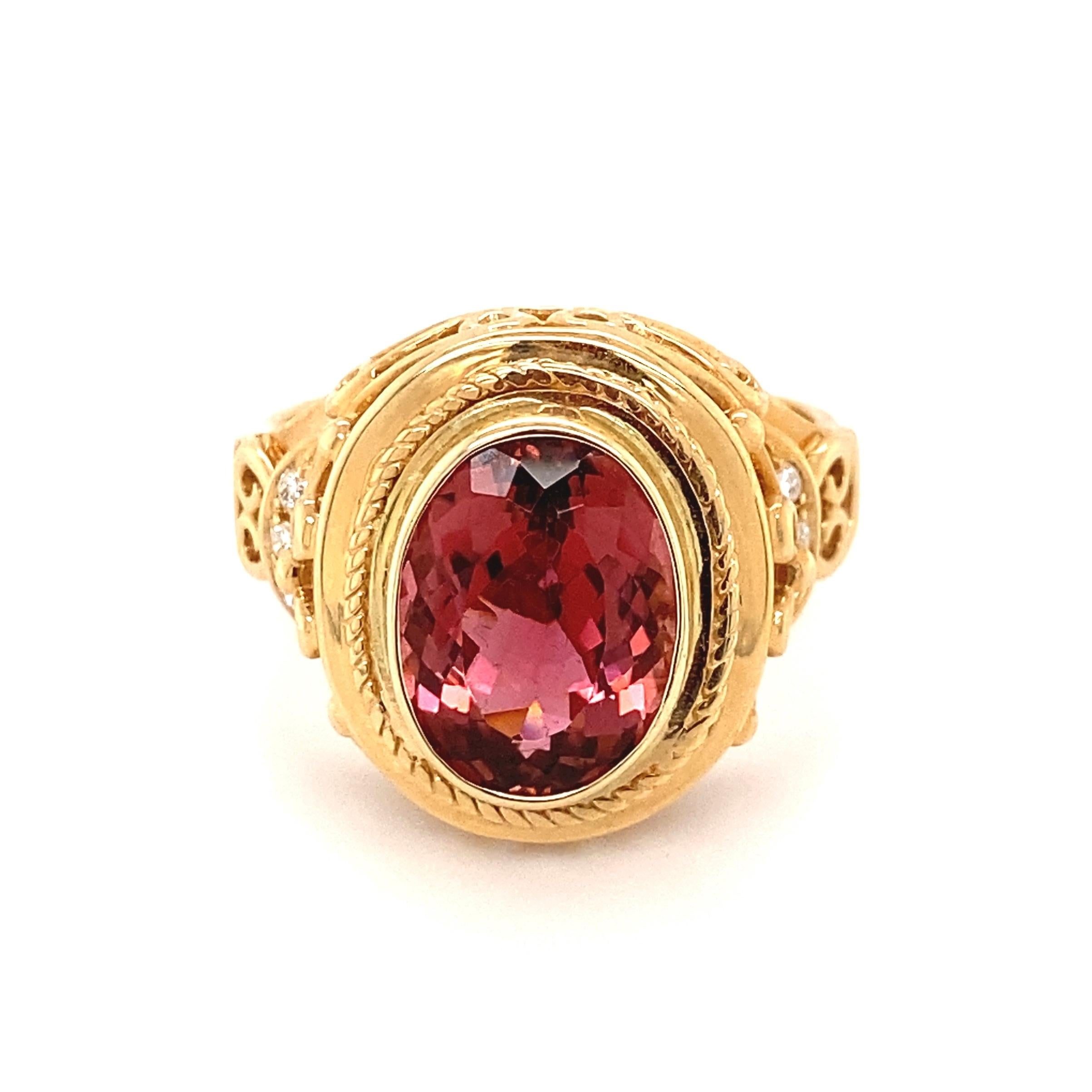 6.10 Carat Oval Pink Tourmaline and Diamond Gold Cocktail Ring For Sale 1