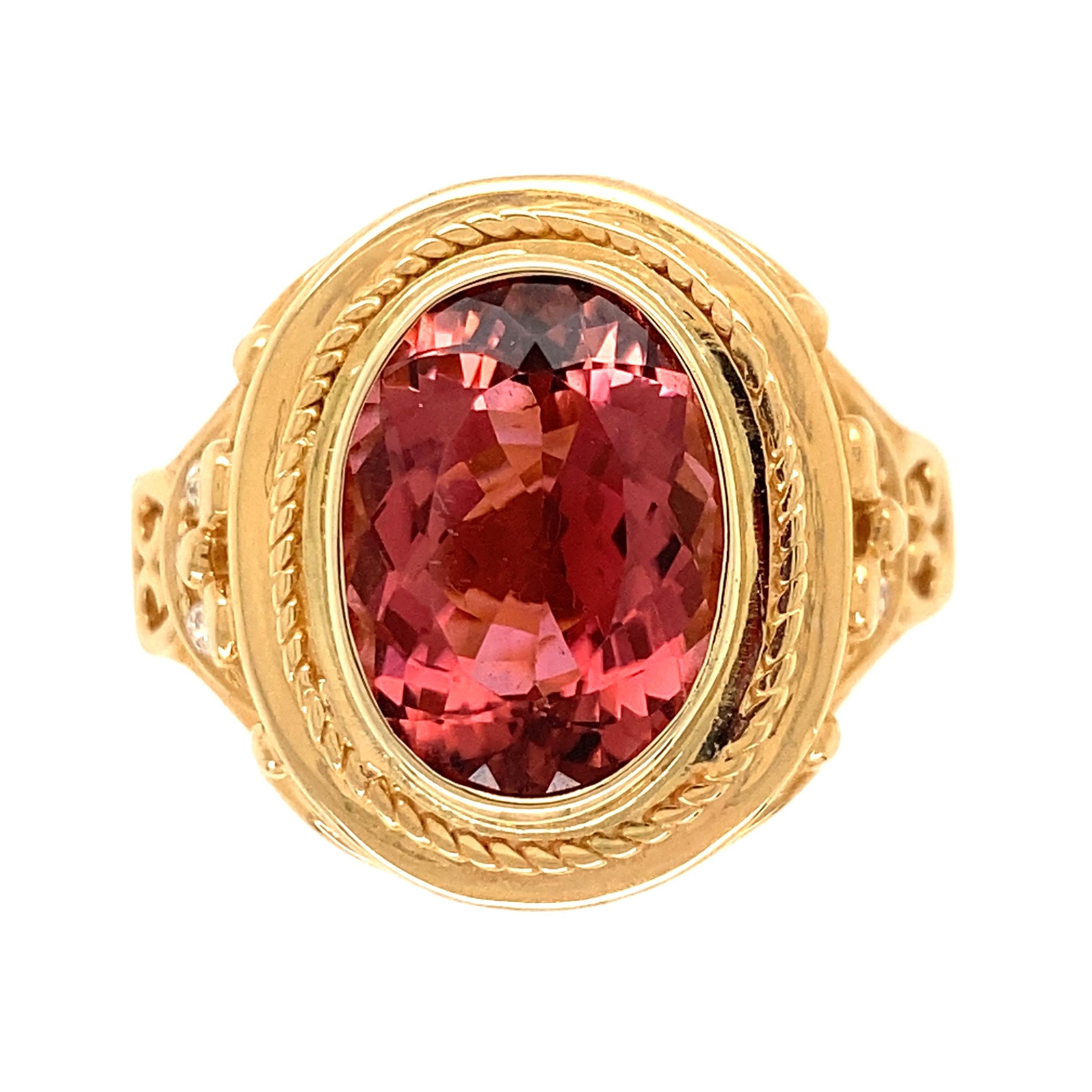 6.10 Carat Oval Pink Tourmaline and Diamond Gold Cocktail Ring For Sale 3