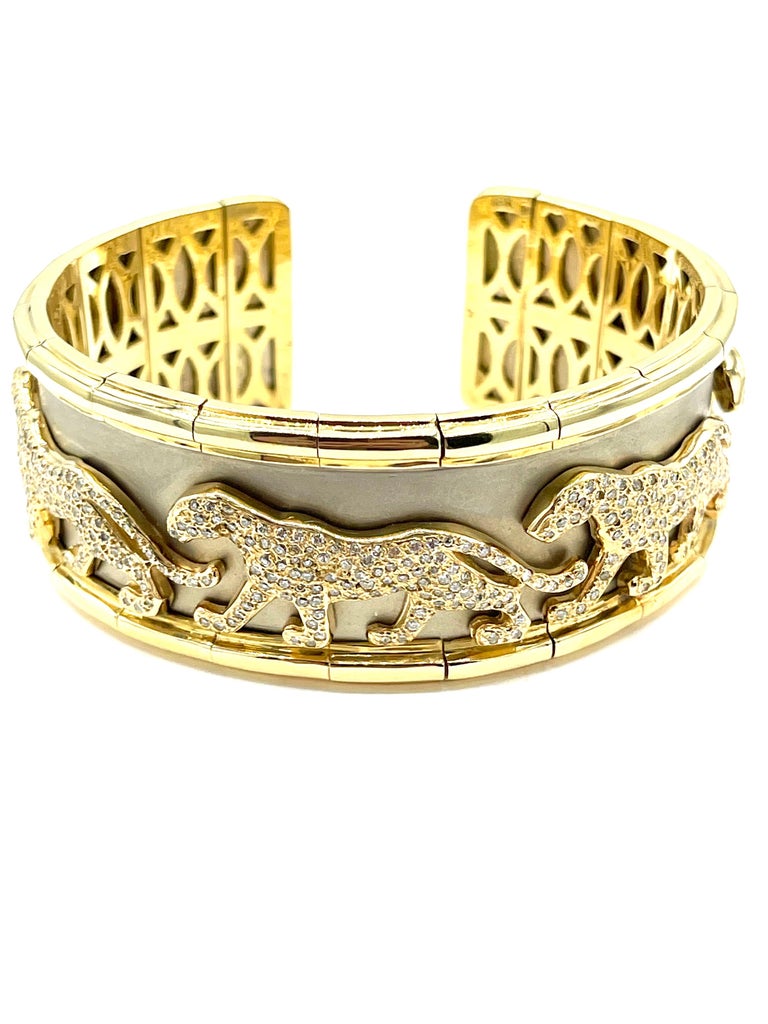 6.10 Carat Pave Diamond 18K Yellow and White Panther Cuff Bracelet For