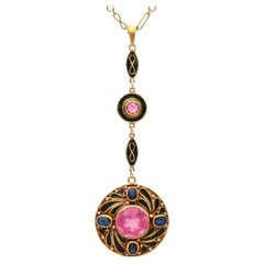 6.10 Carat Pink Tourmaline Sapphire Enamel 15k Yellow Gold Pendant Circa 1895
