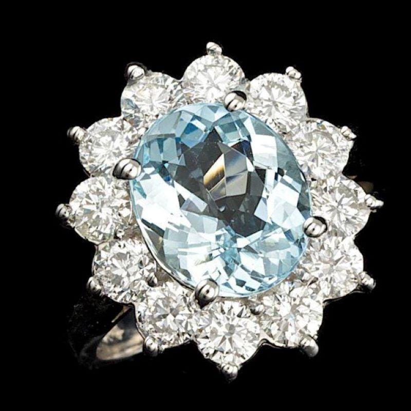 Mixed Cut 6.10 Carats Natural Aquamarine and Diamond 14k Solid White Gold Ring For Sale